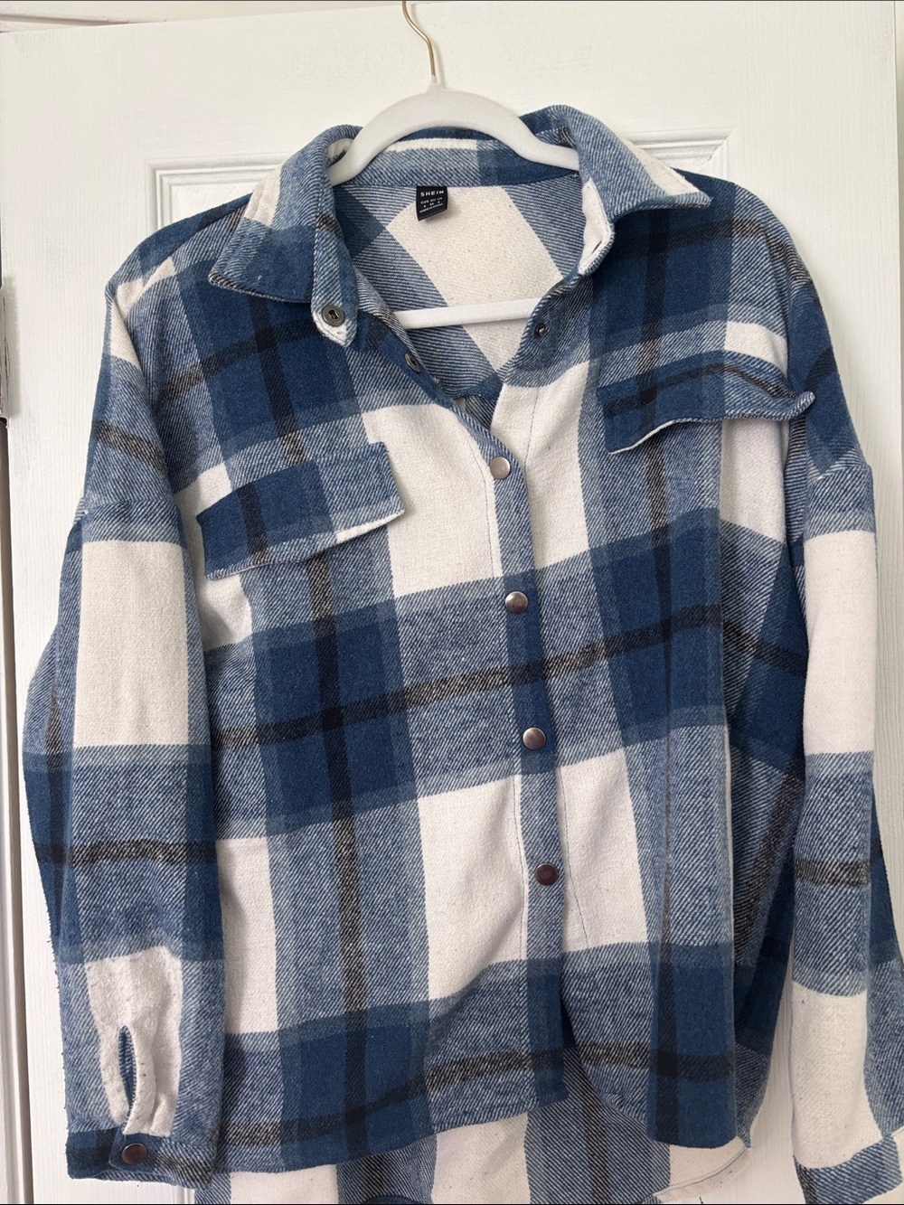 SHEIN Blue and White Plaid Utility Shacket